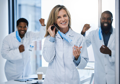 Buy stock photo Doctors celebrate removing covid face mask at end of pandemic, celebration of virus done and success in medical hospital. Face portrait of healthcare workers happy after surgery and coronavirus 