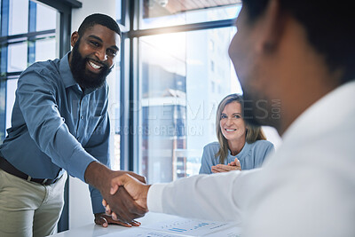 Buy stock photo Deal, partnership and collaboration handshake of business people or men in b2b meeting at a diversity company. Happy smile of businessman shaking hands with hiring manager in a recruitment interview