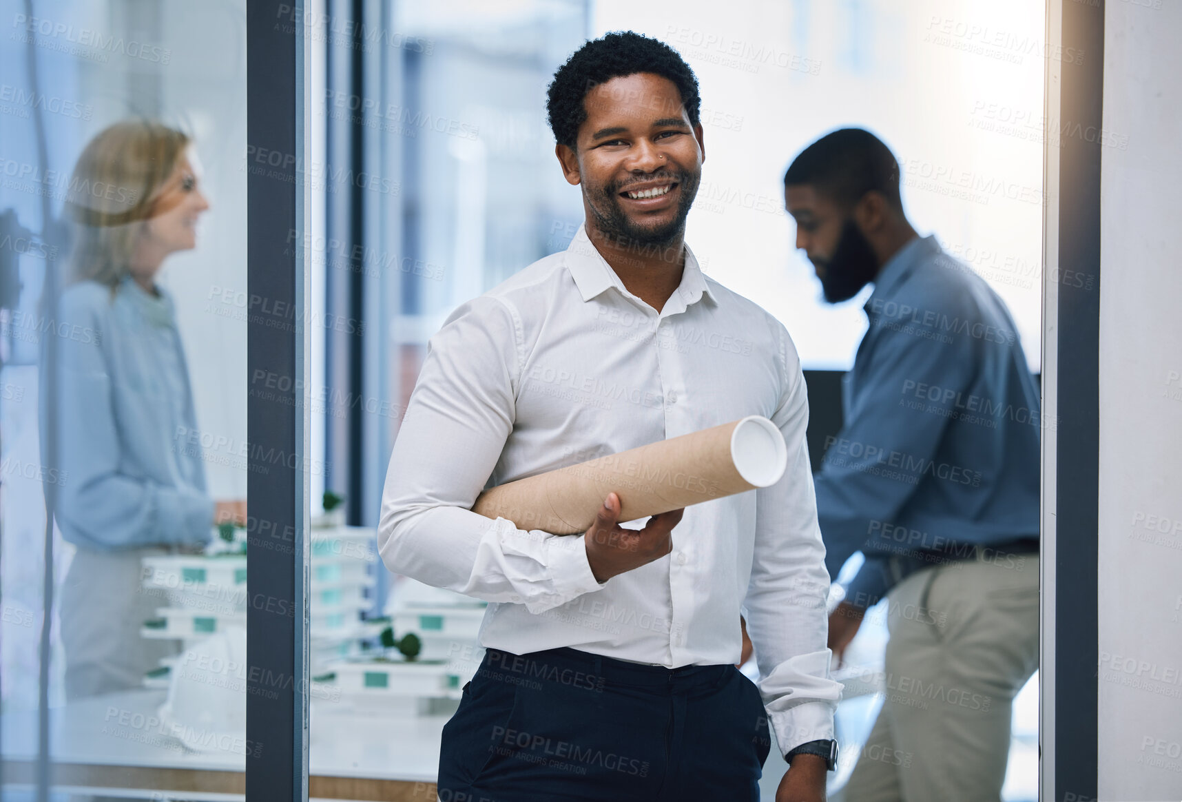 Buy stock photo Architecture, planning and portrait of design architect or businessman in office and lens flare. Smile of confident manager or team leader with a vision, mission and motivation for career development