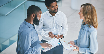Buy stock photo Business people planning with document and tablet, meeting about financial paper and talking about company growth in office at work. Finance employees in accounting working on strategy as team