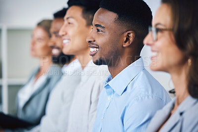 Buy stock photo Business, presentation and happy employees in diversity sitting and listening in seminar or workshop at the office. Group of professional workers smiling in conference room for teamwork strategy.