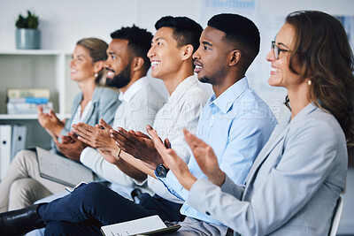 Buy stock photo Applause, support and success with a team of business people clapping during a presentation, meeting or seminar in the office. Teamwork, motivation and goal with a crowd in celebration of achievement