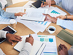 Teamwork hands, data planning and research paperwork in business meeting, graph analytics and strategy report. Closeup, above and group office worker collaboration, progress documents and stats chart