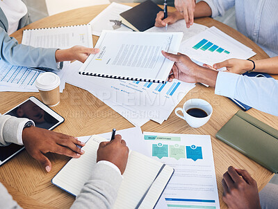 Buy stock photo Teamwork hands, data planning and research paperwork in business meeting, graph analytics and strategy report. Closeup, above and group office worker collaboration, progress documents and stats chart