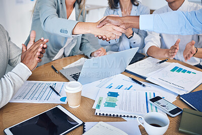 Buy stock photo Business people giving handshake for success and support in finance meeting with report, teamwork collaboration and giving welcome to startup accounting company. Thank you in seminar and agreement
