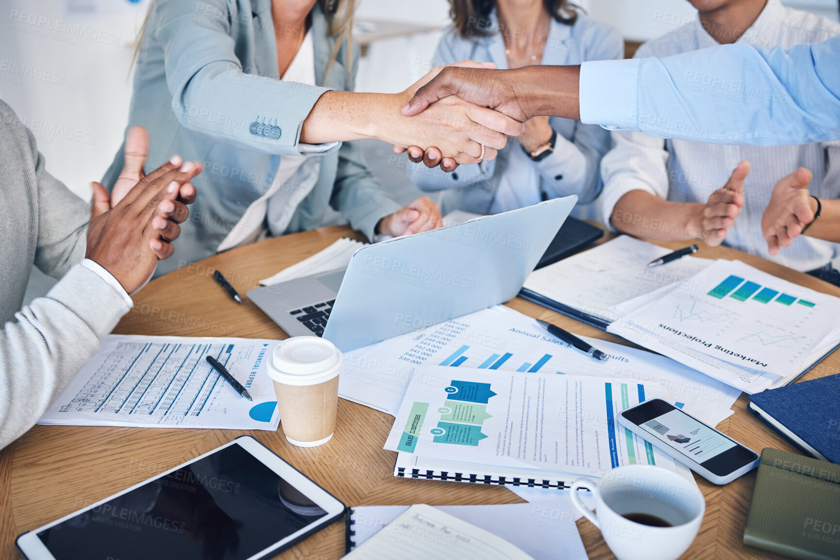 Buy stock photo Business people giving handshake for success and support in finance meeting with report, teamwork collaboration and giving welcome to startup accounting company. Thank you in seminar and agreement