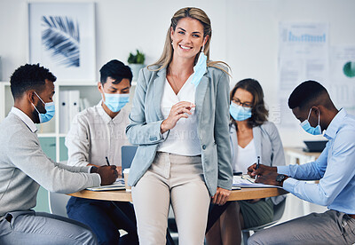 Buy stock photo Meeting, office and covid in team collaboration of business people and leader woman in corporate planning. Portrait of a female manager happy to remove a coronavirus face mask at end of a pandemic.