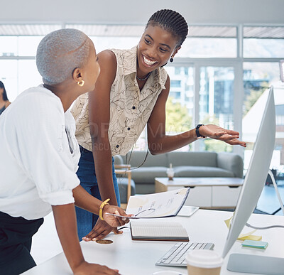 Buy stock photo Black woman, desk collaboration and corporate company relationship at office with coworkers. African American worker people in business communication and talk for report proposal criteria.