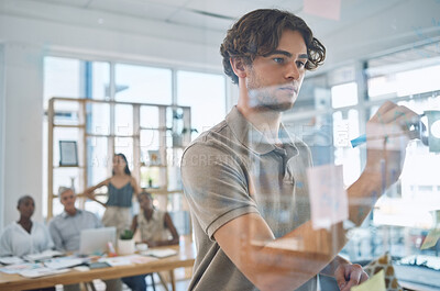 Buy stock photo Corporate team planning a strategy while writing on glass board to work on a project in an office. Creative group discussing business, research and marketing in meeting in the company conference room