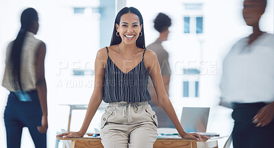 Buy stock photo Business woman, manager and corporate worker in office, leadership of busy team of professional employees and happy about collaboration in fast office space. Management, boss and staff at startup