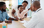 High five, doctor and family with a girl and her parents at the hospital for consulting, appointment and healthcare. Medicine, trust and support in a medical clinic with a health professional