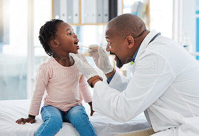 Buy stock photo Doctor and child mouth or throat exam in healthcare hospital wellness room and medical consulting clinic. Medical expert or worker, employee and girl with trust and support for helping covid analysis