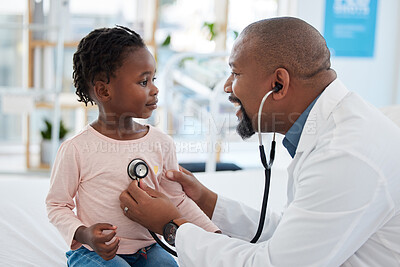 Buy stock photo Kids doctor, stethoscope and consulting hospital worker in medical help, insurance exam or lung test. Happy smile or pediatrician healthcare employee with girl patient in children medicine cardiology
