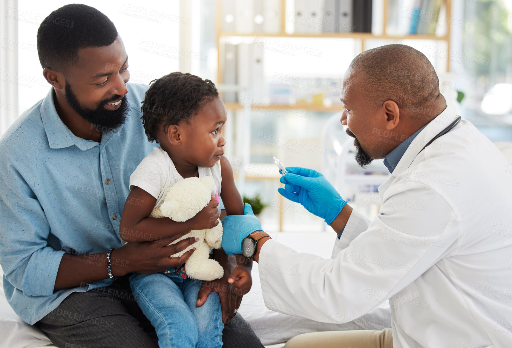 Buy stock photo Child doctor, pediatrician vaccine and healthcare facility with a kid patient and father for vaccination. Children and family hospital or clinic with medical consultant work to get a girl healthy 
