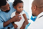 Father, child in consultation with pediatrician doctor for medical healthcare, insurance and trust. Black people, girl and men consulting appointment in hospital clinic for kid or baby vaccination