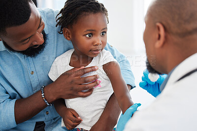 Buy stock photo Father, child in consultation with pediatrician doctor for medical healthcare, insurance and trust. Black people, girl and men consulting appointment in hospital clinic for kid or toddler vaccination