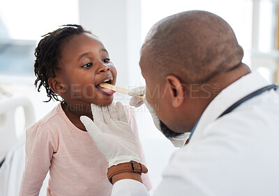 Buy stock photo Children doctor, tongue and throat exam in healthcare hospital, wellness room and medical consulting clinic. Medicine worker, employee and man with trust and support for girl in covid mouth analysis