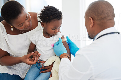 Buy stock photo Band aid, covid vaccine or family with doctor in hospital, healthcare or children medical room. Girl, mother or pediatrician worker and plaster for patient arm after medicine security or virus safety