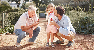 Buy stock photo Strawberry, summer and family eating fruit in a sustainable garden, park or field in nature outdoors together. Grandfather, dad and young girl bonding on farm trip enjoying strawberries on holiday.
