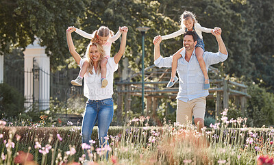 Buy stock photo Mother, father and kids in a garden as a happy family outdoors in summer to relax, bond and have fun together. Flowers, children and young girls with mother and father playing in nature in spring
