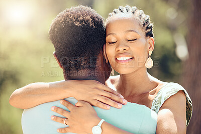 Buy stock photo Love, relax and happy couple hug in nature for a save the date wedding announcement. Young man and woman happiness from Jamaica in the summer sunshine to show romance, trust and romantic partnership