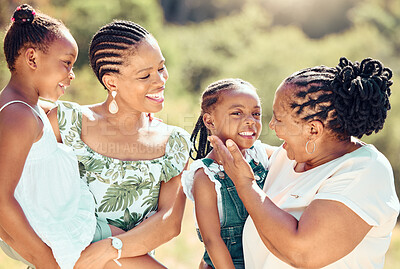 Buy stock photo Black family, women or kids with mother or grandmother in nature, park or garden together. Comic, smile or happy bonding people with girls, children or parents in multi generation empowerment support