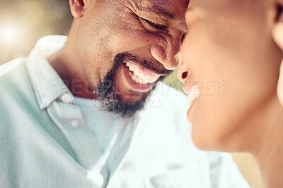 Buy stock photo Happy, black people or couple and love with forehead touch in affection in the sunshine. Happiness, a smile and romantic man and woman on summer vacation gazing into each others eyes in intimacy.