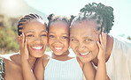 Face portrait, grandmother or mother and daughter with a smile on holiday or vacation mockup. Happy black family, ancestry or African people or love together in the beautiful shining sun or sunshine
