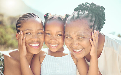 Buy stock photo Face portrait, grandmother or mother and daughter with a smile on holiday, vacation or trip. Happy black family, ancestry or African people together in the beautiful shining sun or sunshine outside.
