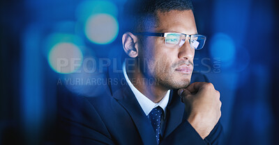 Buy stock photo Business, office and man thinking, planning and problem solving at night in a corporate company. Serious and focused male employee in networking, big data and technology for digital innovation.