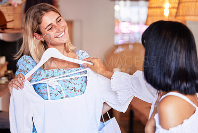 Buy stock photo Friends, shopping and fashion advice in boutique, shop or retail store while happy and talking about clothes on sale in Paris. Women excited together at mall making choice for buying designer outfit