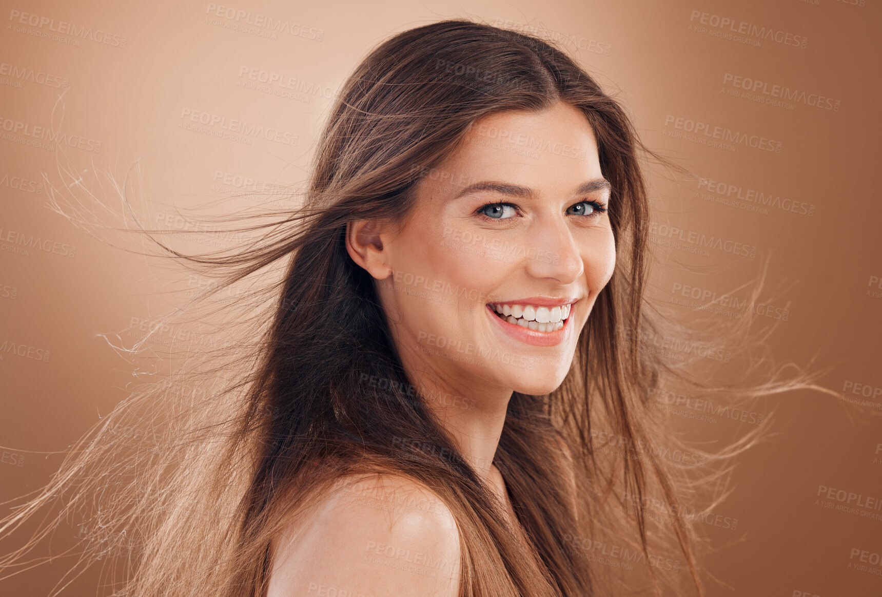 Buy stock photo Beauty, hair and face with woman in hair care and facial treatment marketing with keratin and smile against studio background. Makeup, natural cosmetics and mockup, happy model and skincare.