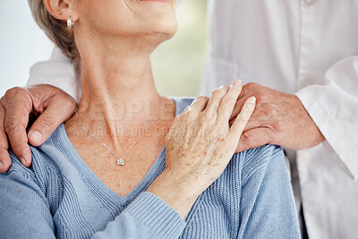 Buy stock photo Healthcare, support and doctor hands with woman for comfort, trust and good news of medical results. Insurance, medical care and senior female holding hands with health worker at home consultation