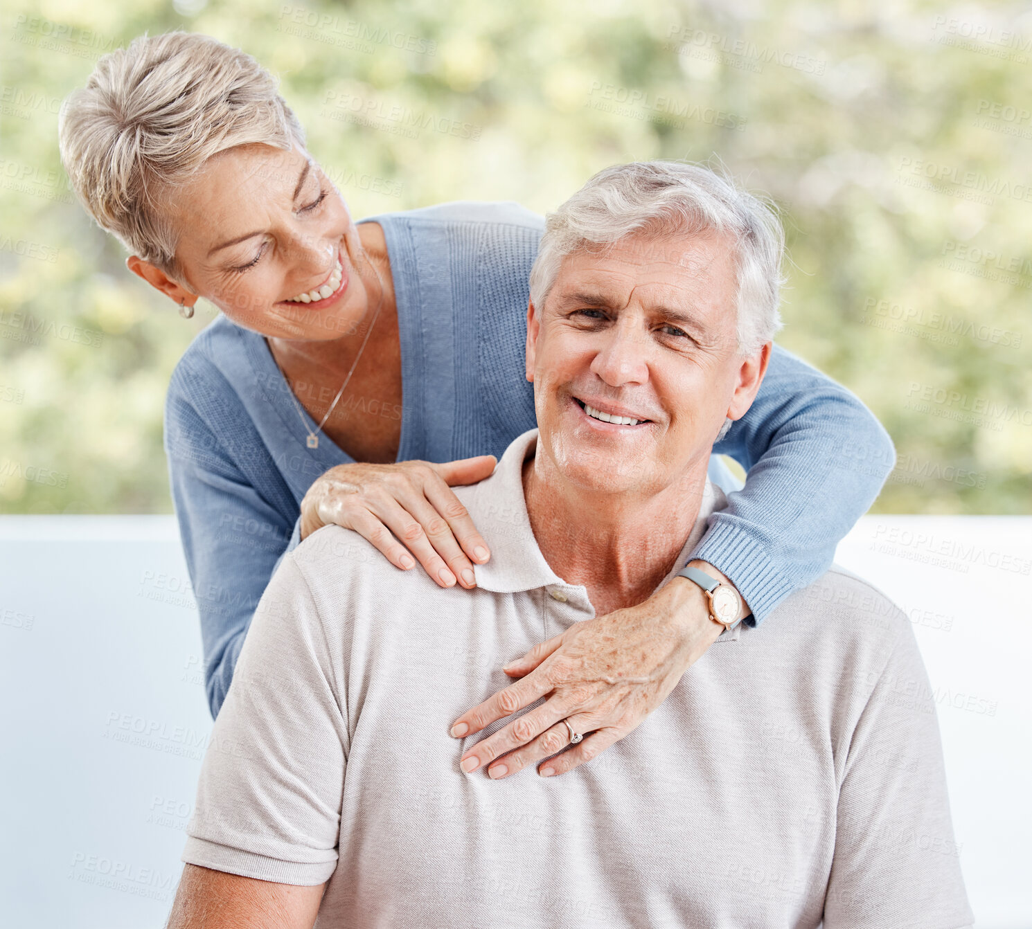 Buy stock photo Happy senior couple hug in home, house and apartment while relaxing in lounge for love, care and retirement together in Australia. Happiness, smile and old man, woman and people enjoy quality time  