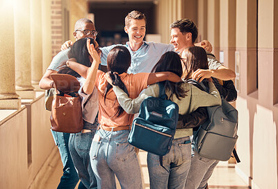 Buy stock photo University, students and diversity friends hug at campus in support, motivation and happiness together in education, studying and learning. Happy, excited and young college people group in solidarity