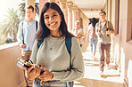 University student, indian woman and portrait at campus outdoor with books of learning, education or knowledge, scholarship and motivation. Happy, smile and young college student, studying or academy