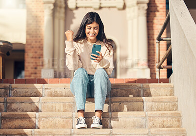 Buy stock photo happy celebration, stairs and woman with phone celebrate online shopping app, fashion deal or ecommerce sales. Discount voucher winner, retail e commerce or customer fist pump for success achievement