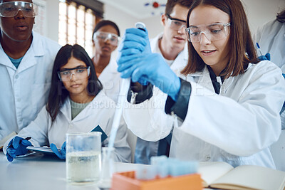 Buy stock photo Science research, students and scientist lab for medical innovation, education or knowledge of a group together for learning and analytics . Men and women with scientific chemical for healthcare cure