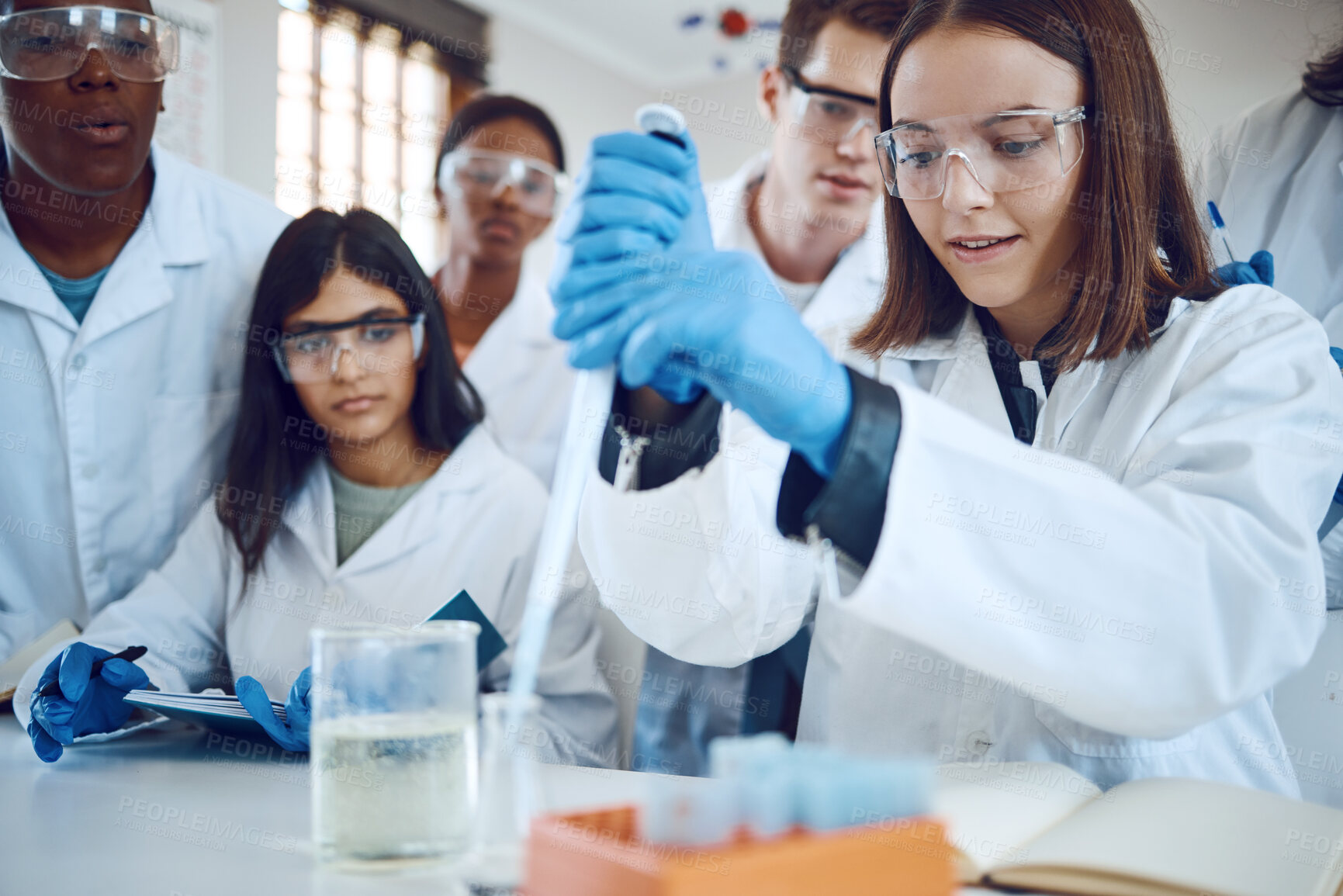 Buy stock photo Science research, students and scientist lab for medical innovation, education or knowledge of a group together for learning and analytics . Men and women with scientific chemical for healthcare cure