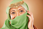 Muslim woman, face or fashion burka on studio background or traditional jewelry, natural makeup cosmetics or religion jewellery. Zoom portrait, happy or mature Islamic model in Dubai aesthetic pride 