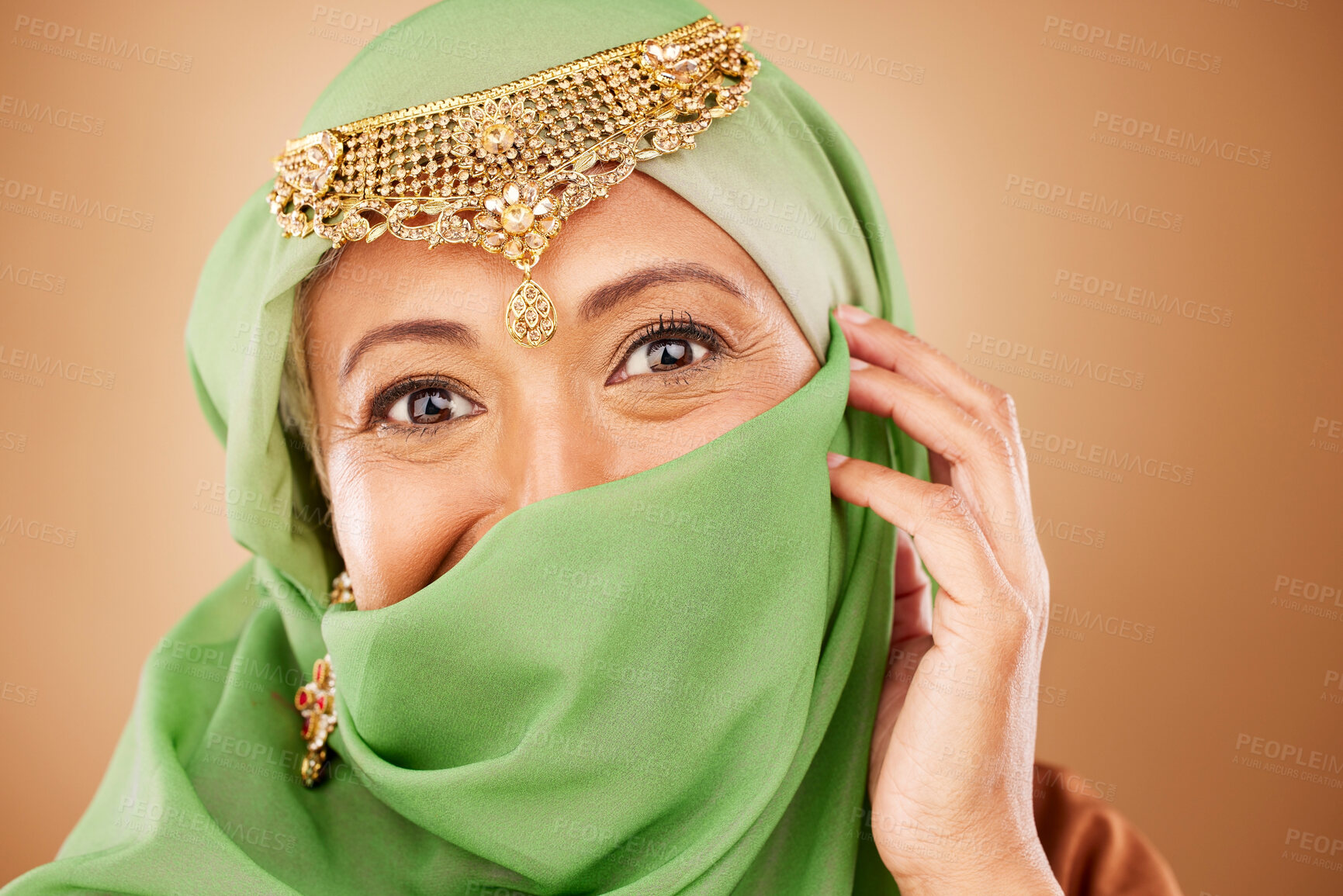 Buy stock photo Muslim woman, face or fashion burka on studio background or traditional jewelry, natural makeup cosmetics or religion jewellery. Zoom portrait, happy or mature Islamic model in Dubai aesthetic pride 