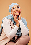 Hijab, muslim and smile of islamic model holding face with hands happy with skincare glow and beauty. Cosmetic, luxury and skin wellness of a woman with happiness from makeup and arab culture