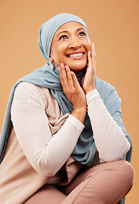 Buy stock photo Hijab, muslim and smile of islamic model with mature face and hands happy with skincare glow and beauty. Cosmetic, luxury and skin wellness of a woman with happiness from makeup and arab culture