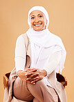 Muslim woman, fashion and hijab portrait with a smile, happiness and islamic style in arab culture with peace, calm and respect. Face of Islam with model posing for beauty, cosmetics and religion
