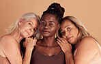 Skincare, diversity and group of senior women with natural body, healthy and glowing skin in studio. Beauty, spa and portrait of mature female models pose for beauty products, cosmetics and wellness 