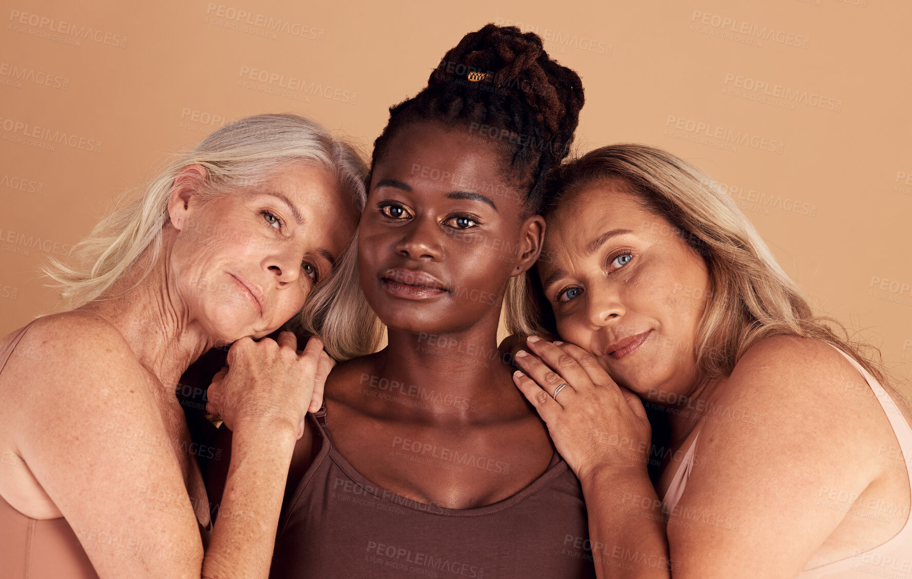 Buy stock photo Skincare, diversity and group of mature women with natural body, healthy and glowing skin in studio. Beauty, spa and portrait of older female models pose for beauty products, cosmetics and wellness 