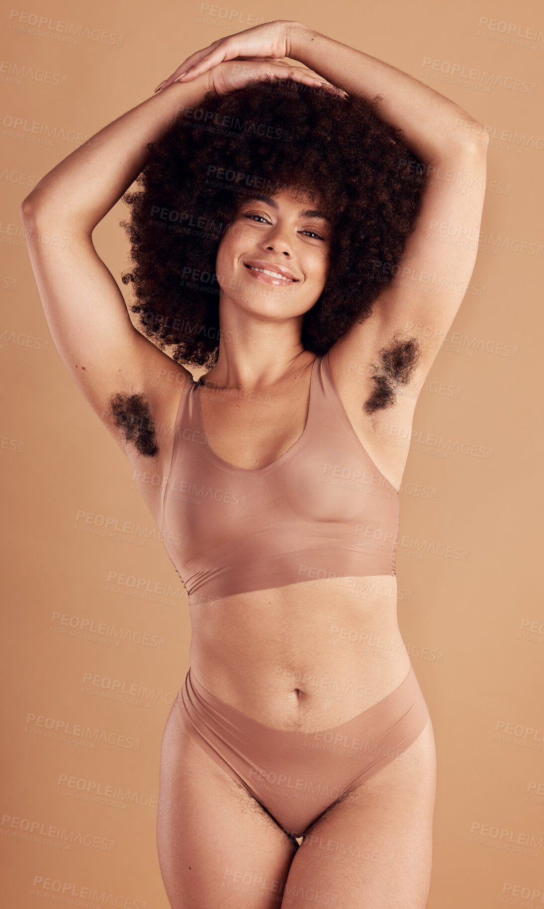 Buy stock photo Black woman, body positivity motivation and gen z portrait in brown studio background for skincare wellness or body care  in underwear. African woman, smile and self care happiness for glowing skin