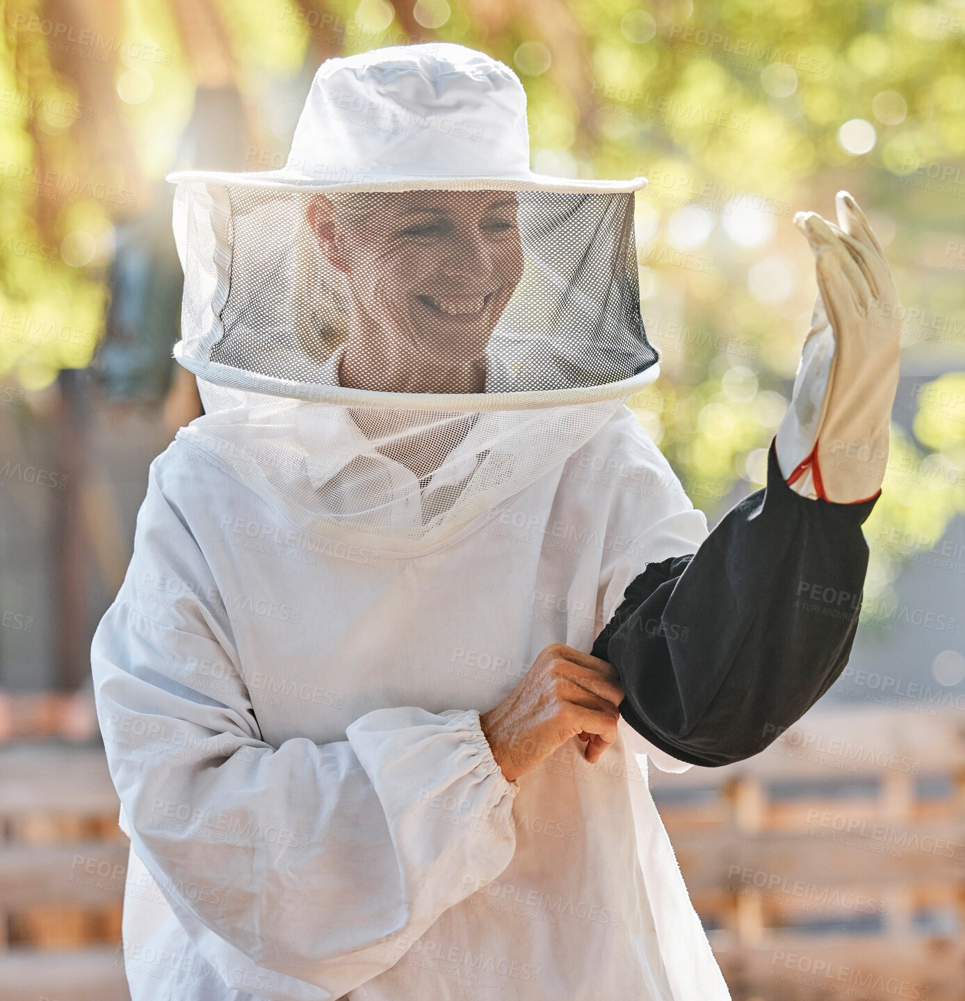 Buy stock photo Beekeeper woman, smile and safety at farm with apiculture suit, vision or happy in summer harvesting time. Bee expert, ppe clothes or happiness in eco friendly production, small business and ready