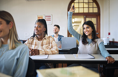 Buy stock photo Question, education and learning with a student woman in a university or college class during a lesson. Classroom, study and scholarship with a female pupil raising her hand during an academy lecture