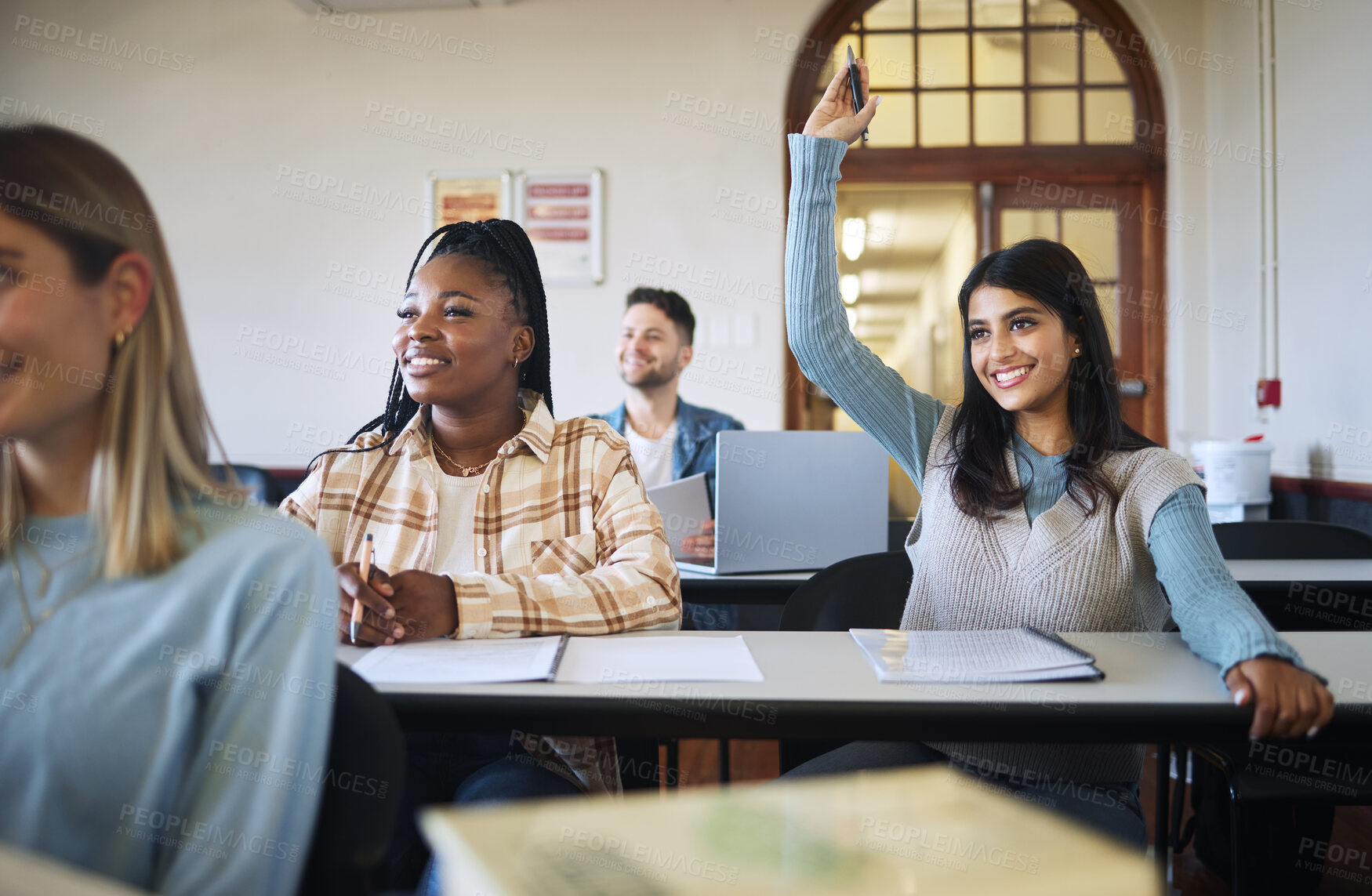 Buy stock photo Question, education and learning with a student woman in a university or college class during a lesson. Classroom, study and scholarship with a female pupil raising her hand during an academy lecture